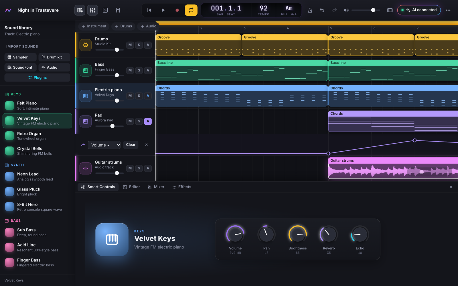 The OpenBand studio: tracks, regions, the sound library and smart controls